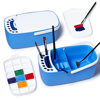 GAMENOTE Paint Brush Cleaner, Paint Brush Holder and Palette, Blue | All-in-one painting station washes and rests brushes, mixes colors, and stores paint in 18 wells with a portable handle. - color: Blue