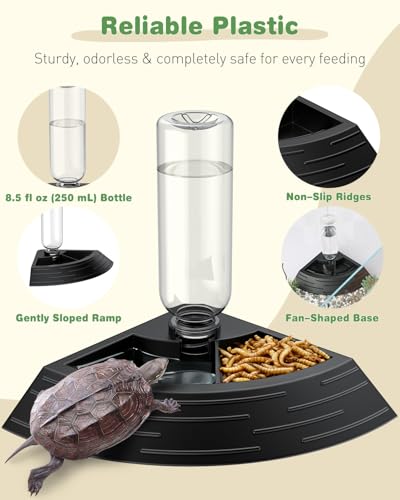 Pawfly Reptile Water Bowl, Tortoise Water Dish, Bearded Dragon Water Bowl, Reptile Food Feeder, Automatic Water Dispenser, Feeding Accessories for Turtle, Gecko, Lizard & Chameleon, Black