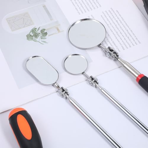 3 Pcs Stainless Steel Extendable Mechanic Mirror, Telescoping Inspection Mirror with Rotating Head, Round Mirrors on a Stick, Mechanical Mirrors Tool with Long Handle and Clip-On Design for Mechanics