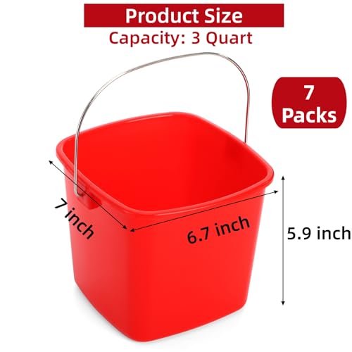 SOUJOY 7 Pack 3 Quart Cleaning Bucket, Plastic Small Sanitizing Bucket with Handle, Multi-Purpose Mini Square Pails for Kitchen, School, Offices, Household and Commercial Use, Red