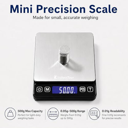 KitchenTour Mini Gram Scale for Coffee, Jewelry and Small Items, 500g x 0.01g Digital Pocket Scale with Tare, 6 Units, Back-Lit LCD, 2 Trays, Black - color: Black, size: 500g / 0.01g