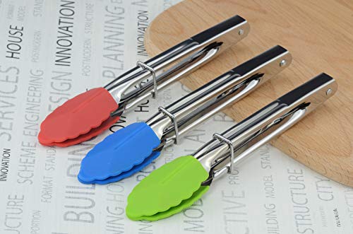HINMAY 7-Inch Mini Tongs with Silicone Tips, Set of 3 (Green Red Blue) | 7-Inch Serving Tongs - color: Red Blue Green