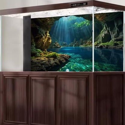 Underwater Cave Aquarium Background Ocean Seaside Rock Cave Fish Tank Background Tropical Seashore Sunrays Blue Sky Terrarium Backgrounds Misty Stunning Seascape Reptile Tank Backgrounds 24x12in - color: Dark Blue, size: 24(W)x12(H)in