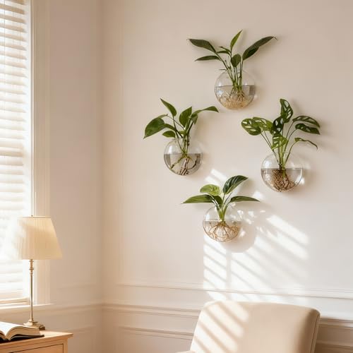 Wall Propagation Planters, 4 Pack Oblate Hanging Plant Holder Vase | Glass Terrariums Station, Hydroponic Indoor Flowers, Excludes Plants, Bathroom Living Room Office Decor, Gift for Plant Lover - size: 5.1"L x 2.4"W x 5"H