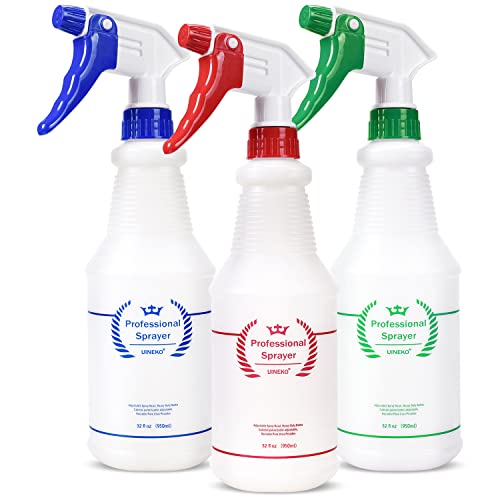Uineko Plastic Spray Bottles 3 Pack, 32 Oz, Heavy Duty Sprayer, All-Purpose | Chemical Resistant, Mist & Stream, Leak-Proof, Better Trigger, Measurements, for Cleaning Solutions, Planting, Car Detailing - size: 32 Oz, 3 Pack
