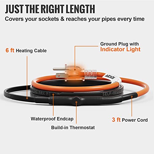 VEVOR Self-Regulating Pipe Heating Cable, 6-feet 5W/ft Heat Tape for Pipes Freeze Protection, Protects PVC Hose, Metal and Plastic Pipe from Freezing, 120V - size: 6 Feet