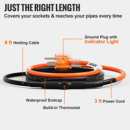 VEVOR Self-Regulating Pipe Heating Cable, 6-feet 5W/ft Heat Tape for Pipes Freeze Protection, Protects PVC Hose, Metal and Plastic Pipe from Freezing, 120V - size: 6 Feet