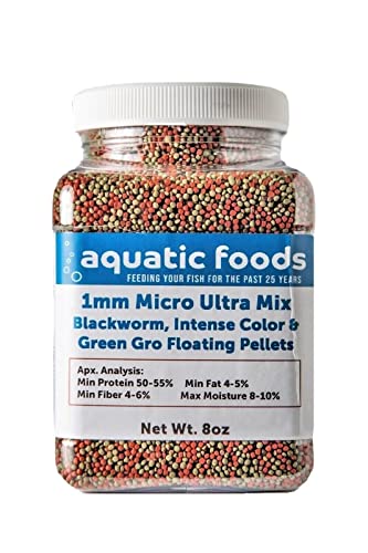 1mm Ultra Mix Floating Pellets for All Tropical Fish.... 8oz Small Jar | Blackworm, Intense Red, Green Gro, For Discus, Cichlids, All Tropicals, Koi and Pond Fish - size: 8 Ounce (Pack of 1)