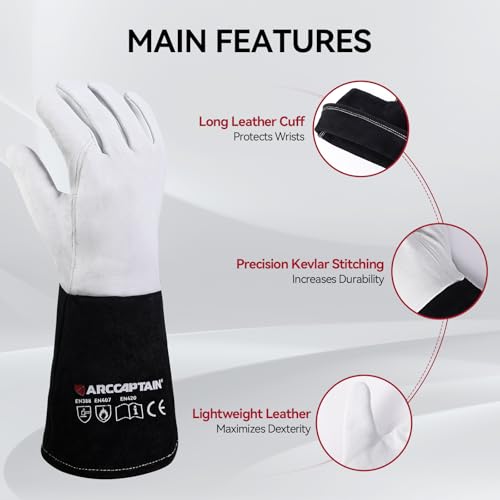 ARCCAPTAIN Soft Goat Grain TIG Welding Gloves with High Dexterity, 4-Inch Extended Cuff, Comfortable TIG Gloves with Reinforced Seams, Medium - size: Medium