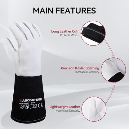 ARCCAPTAIN Soft Goat Grain TIG Welding Gloves with High Dexterity, 4-Inch Extended Cuff, Comfortable TIG Gloves with Reinforced Seams, Medium - size: Medium