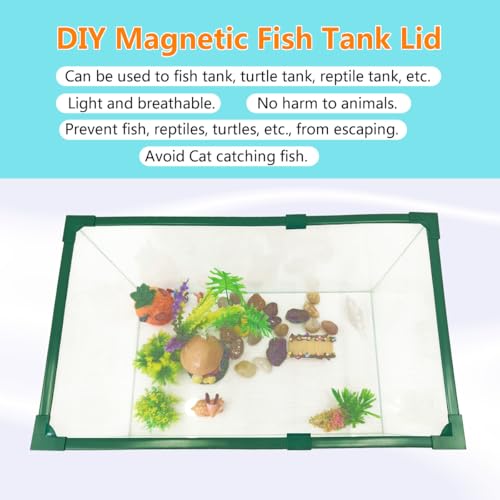 Magnetic Fish Tank Lid Green Frame Grey Fiberglass Mesh, DIY Fish Tank Cover Adjustable Size Fit Tank Size Max 35''X19'' for Preventing Fish from Jumping Out and Reptile Escaping - color: Green Frame Grey Fiberglass Net