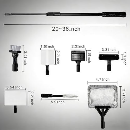 Carefree Fish 6IN1+1 (2026 New Upgrade Edition) Aquarium Cleaning Tools Long Handle Adjustable Length 20~36Inches Fish Tank Cleaner Kit Algae Scraper Scrubber Brushes Set - size: 20~36In