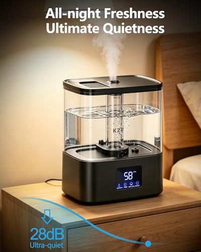 KZF 4L Top Fill Humidifiers for Bedroom & 40H Runtime - Cool Mist Humidifier, 3 Mist Levels, 8H Timer, Essential Oil Tray, Humidity Display, Quiet for Baby, Plants, Large Room (Black, 4L) - color: Black