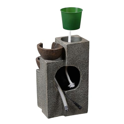 Resin Tabletop Waterfall Fountain with LED Light & Plant Pot, Indoor Desk Water Fountains for Home Office Decor (22028N)