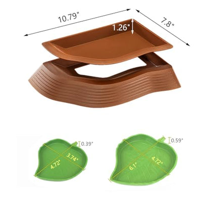 3 Pcs Tortoise Water Dish with Ramp Leaf Tortoise Water Food Bowls Reptile Water Dish Amphibians Habitat Accessories for Lizard Turtle Horned Frog Brown