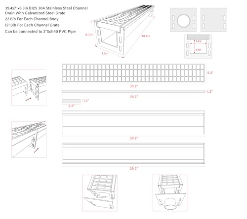 39.4x7.1x6.3in Stainless & Galvanized Steel Trench Drain | 304 B125 Driveway Heavy Duty Metal Channel Drainage System Durable Outdoor Garage Parking Lot Concrete Floor