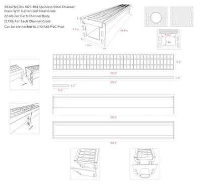 39.4x7.1x6.3in Stainless & Galvanized Steel Trench Drain | 304 B125 Driveway Heavy Duty Metal Channel Drainage System Durable Outdoor Garage Parking Lot Concrete Floor