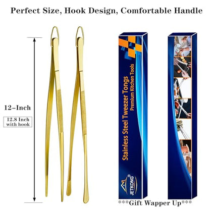 JETKONG 2 Pcs 12-Inch Cooking Tweezers Stainless Steel Food Tweezers Kitchen Tweezer Tongs (Gold) - color: Gold, size: 12+12 Inch