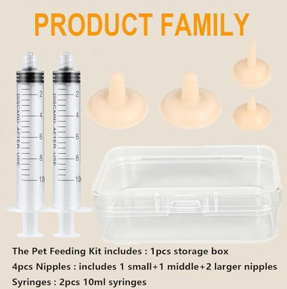 Pet Feeder Syringe, Newborn Animal Feeder Syringe Pet Feeding Nursing Syringe Silicone Feeding Pacifier,Pet Feeding Nipple for Kitten and Puppy (2x10ml Feeder &1S+1M+2L Nipples)