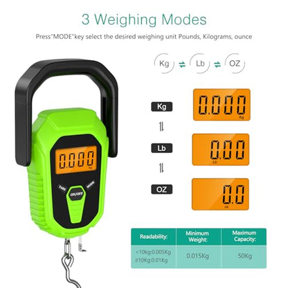 ORIA Digital Fish Scale with Lip Gripper, 110lb/50kg, Batteries Included | Waterproof, 3 Units, LCD Backlit, 38'' Built-in Tape Measure, Non-slip Ergonomic Handle, for Luggage Home Outdoor - color: Green