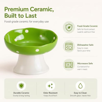 Green Mushroom Cat Bowl, Elevated Ceramic Bowl for Cats | Elevated, Ceramic, Whisker Friendly, Wide Opening, Anti Vomiting - color: Green