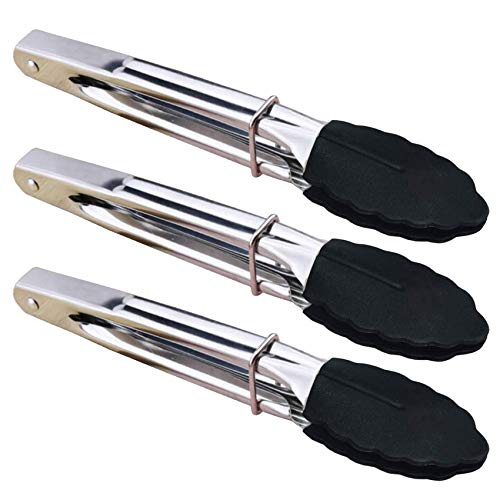 HINMAY Mini Tongs with Silicone Tips 7-Inch Kitchen Tongs, Set of 3 (Black) - color: Black