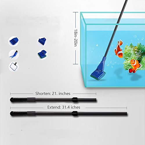 Aquarium Cleaning Tools Kit 5 In 1 Function for Long Deep Fish Tank, Adjustable Length Rod, Including Algae Scrape, Cleaning Sponge, 3.9" Small Fishnet, Gravel Rake, Plant Fork