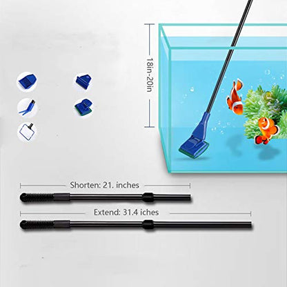 Aquarium Cleaning Tools Kit 5 In 1 Function for Long Deep Fish Tank, Adjustable Length Rod, Including Algae Scrape, Cleaning Sponge, 3.9" Small Fishnet, Gravel Rake, Plant Fork