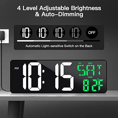 17" Large Digital Wall Clock with Remote, Auto Dimmer, Date Temp, Timer | Large clear display, Snooze function, Count up and down timer, Suitable for Living Room, Office, Gym Indoor Spaces - color: Green + White