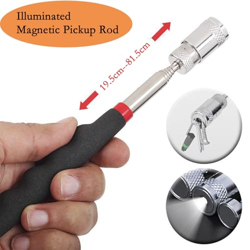 Telescoping Magnetic Pickup Tool Set, Telescopic Inspection Mirror | Flexible Bendable Spring Magnet Stick, LED Flashlight Pickup Rod, Cool Gadgets for Men