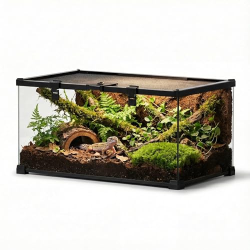 20"x12"x10" Reptile Terrarium, Escape-Proof Glass Terrestrial Vivarium for Small Desert Reptiles Such as Leopard Geckos, with Escape-Proof Lock & Feeding Hatch - size: 20"D x 12"W x 10"H