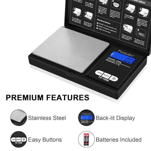 Fuzion Digital Pocket Gram Scale - 1000g/0.1g Small Food Scale Portable | Easy of Use, LCD Display, Tare Function, 6 Modes Ounces Grains, Batteries Included, Travel Food Scale - color: Black