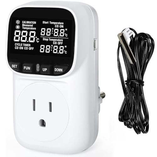 Digital Thermostat Socket, Only Fahrenheit Countdown | Temperature Controller VA Display Heating Cooling Mode Timer with Sensor for Reptile Greenhouse Fermentation Home, -40℉~210℉
