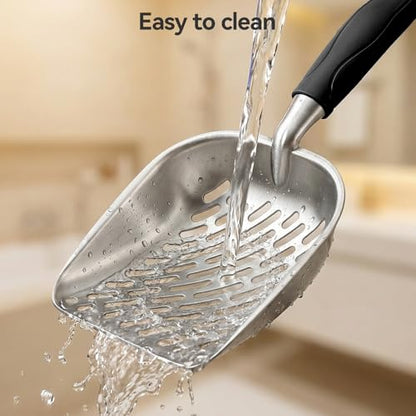 Cat Litter Scoop, Large Long Handle Kitty Metal Scooper | Heavy Duty Aluminum Deep Sifter, Ergonomic Non-Slip Grip, Rustproof Durable Poop Cleaner for Cat Litter Box - color: Black, size: Large