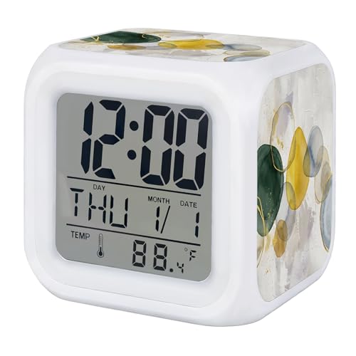 Abstract Ink Alarm Clock, Green Yellow Blue Ink Splatter Bubbles Drops Digital Clock Night Light with 7 Color, Calendar Temperature Display, NightLight Clock for Bedroom, 3.2x3.2in - color: Yellow,green,gray