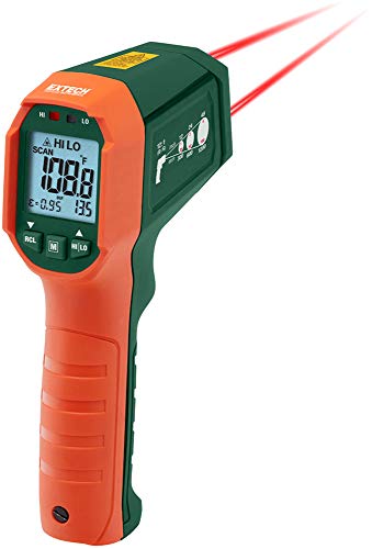 Extech IR320 Dual Laser Infrared Thermometer, IP65, -4 to 1202F, 12:1 | Non-contact to 1202F (650C), 12:1 ratio, IP65, 3m drop-proof, dual laser, high/low LED alarms, emissivity