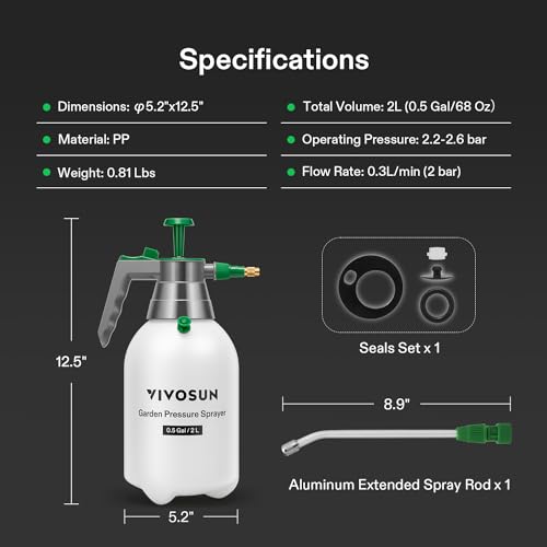 VIVOSUN 2L Pump Sprayer, 68oz Water Spray Bottle with Safety Valve | Handheld Garden Sprayer, Adjustable Nozzle, Extended Spray Rod & Additional Seals, Ideal for Watering, Fertilizing, Cleaning - size: 68 ounce