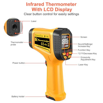 Infrared Thermometer Gun, -58℉ to 1472℉ (-50℃～800℃), High Precision Non-Contact Laser Temperature Gun with Backlit LCD, IR Thermometer for Cooking, Pizza Oven, Automotive, Industrial Use - color: Tangerine