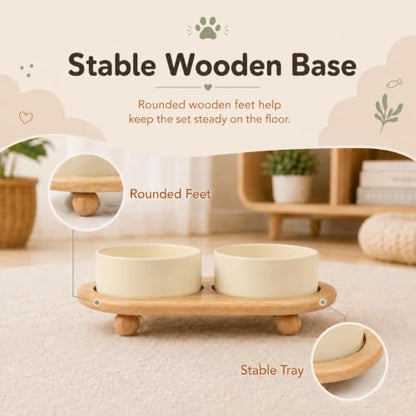 Havniva Raised Cat Bowl 5.1” Elevated Ceramic Cat Food and Water Bowl Set | Cat Bowls Elevated, Whisker Friendly Cat Bowl, Non-Slip Wood Stand, Food-Grade Ceramic, Wide Opening, Dishwasher Safe - color: Light Yellow, size: 2 Bowls+Tray - 5.1"