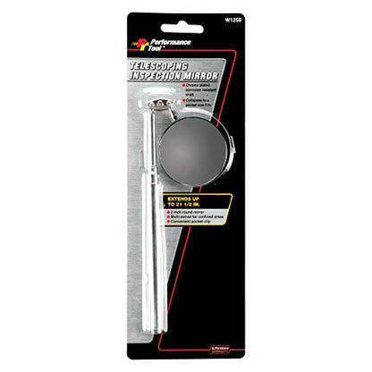Performance Tool W1259 2 in. Round Telescoping Inspection Mirror | Ideal for automotive and home inspection. Telescopes 5-1/8 to 21-1/2 inches. Multi-swivel joint. Pocket clip - size: 1.8"L x 12.9"W