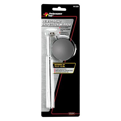 Performance Tool W1259 2 in. Round Telescoping Inspection Mirror | Ideal for automotive and home inspection. Telescopes 5-1/8 to 21-1/2 inches. Multi-swivel joint. Pocket clip - size: 1.8"L x 12.9"W