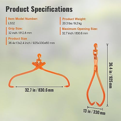 VEVOR Heavy Duty Rotating Steel Lumber Skidding Tongs, 32 inch 2 Claw Log Lifting Tongs, 1543 lbs/700 kg Loading Capacity - style: 32in-Swivel