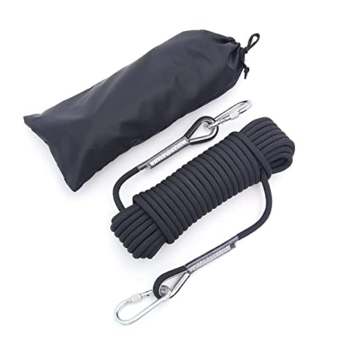10mm/12mm (32FT/64FT) Climbing Rope, Outdoor Static Rock Climbing Rope, Tree Climbing Rappelling Rope, Escape Nylon Rope, Ice Climbing Equipment Fire Rescue Parachute Rope with 2 Steel Hooks - color: Black, size: 12mm/64ft