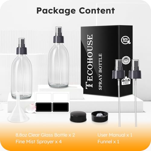 2 Pack Glass Spray Bottles 8.8 oz, 250ml Empty Spray Bottle(Black Nozzle) | Empty Glass Spray Bottles for cleaning, Plants, Pets, Hair, Labels, Funnel, Pipettes - color: 8.5 oz Clear-Black Lids