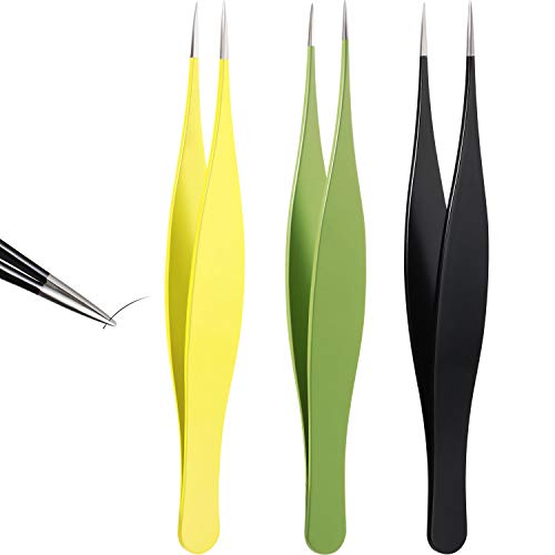 Mudder 3 Pcs Pointed Tweezers Ingrown Hair Eyebrow,Black, Yellow, Green | Stainless Steel for Women Facial Hair Blackhead Removal, Eyebrow Shaping Tool, Sharp Precision Tips for Splinters Shards - color: Black, Yellow, Green