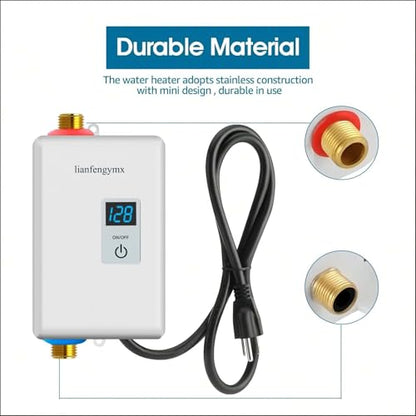 Electric Tankless Water Heater 3000W 110V, On Demand Instant Hot Water with LED Display, Under Sink Point of Use for Kitchen Bathroom, Wall Mounted, Stainless Steel - color: White