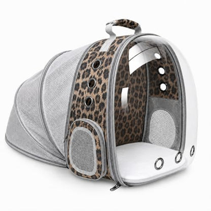 Expandable Cat Carrier Backpack with Bubble Window, Animal Print | Breathable mesh, anti-collapse frame, side door, safety leash and escape-resistant zippers for vet visits and outdoor travel. - color: Leopard Print