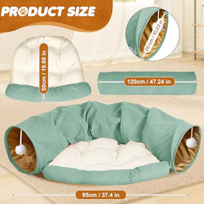 Spardar 2-in-1 Bunny Tunnel Bed, with Removable Mat Hideout, Matcha Green | Collapsible Tunnel Tubes Toys, Washable, Interactive Toys for Rabbits, Chinchilla, Hedgehog, Guinea, Kitty - color: Matcha Green