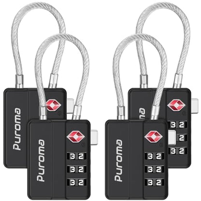 Puroma 4 Pack TSA Locks for Luggage Lightweight 4-Digit Code Padlock Black | TSA Approved, Resettable, Flexible Cable, Zipper holes, Bright Color, Large White Numbers, for Train Travel Suitcase Backpack