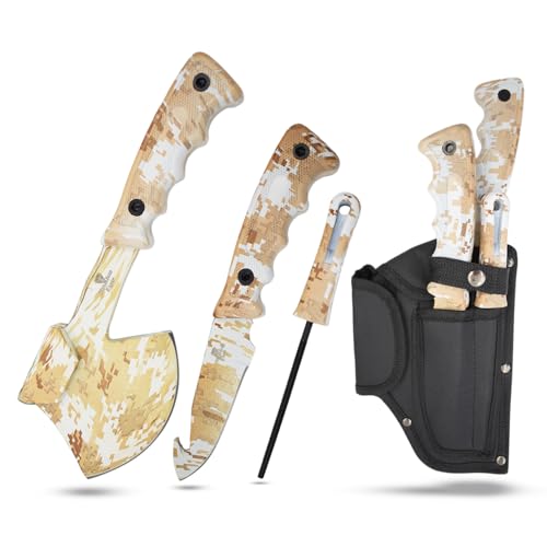 Snake Eye Tactical Heavy Duty 3PC Hunting & Camping Set – Full Tang Camping Axe, 9.5" Fixed Blade Gut Hook Knife, Sharpening Rod, and Heavy Duty Nylon Combo Sheath Included (Yellow Camo) - color: Yellow Camo